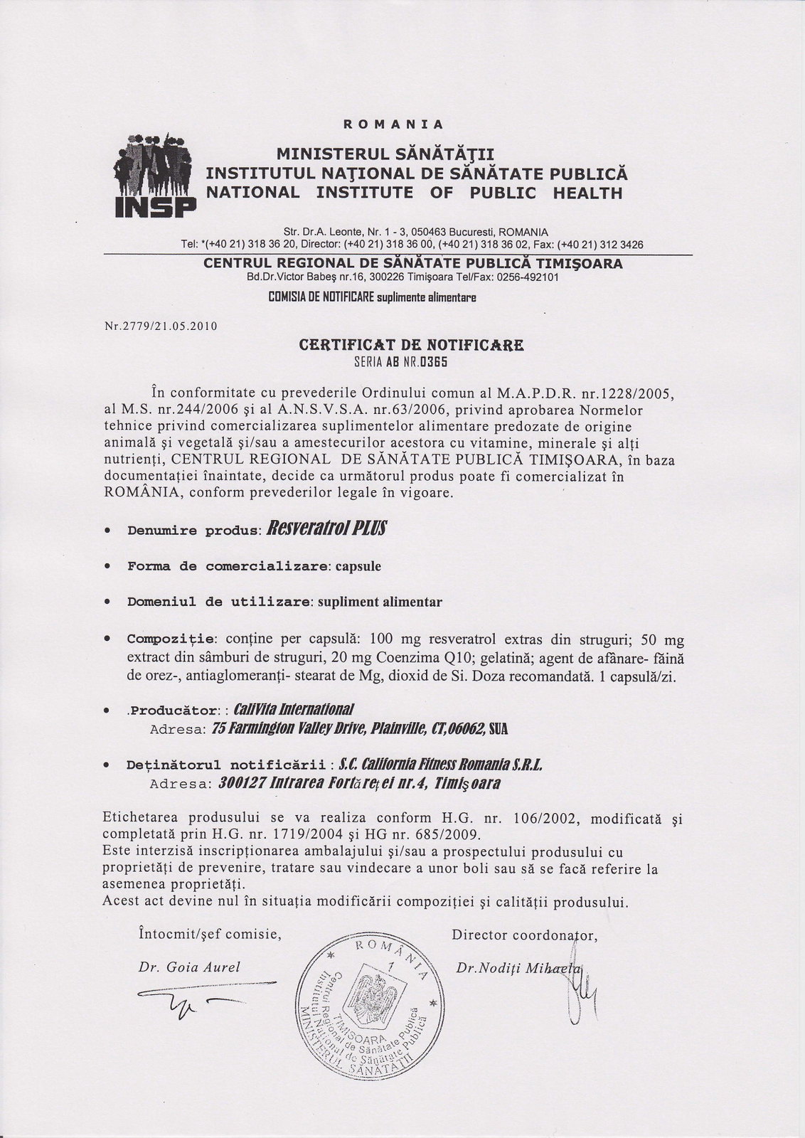Certificat de notificare pentru produsul Resveratrol Plus De la Calivita, eliberat de Ministerul Sanatatii din Romania