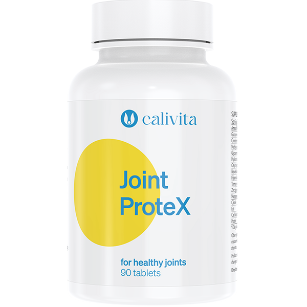 Flacon Joint Protex cu 90 de tablete, producator Calivita, pentru mobilitatea articulatiilor cu condroitina, glucozamina si MSM, pe fundal alb