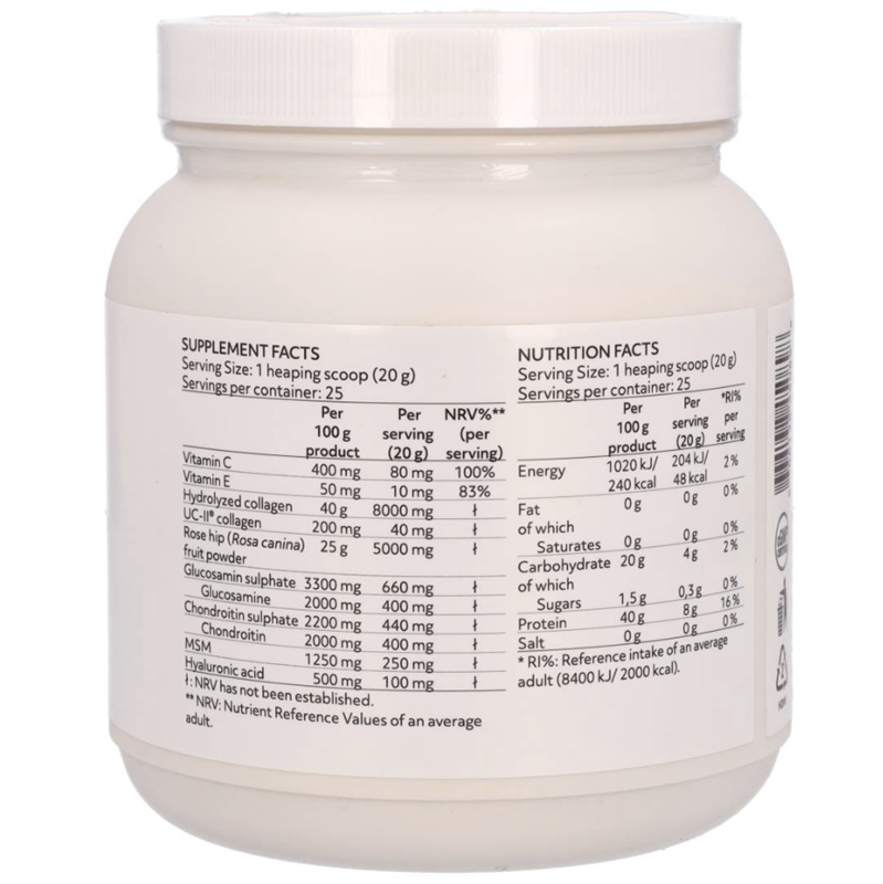 eticheta 1 produs Rise up Calivita, colagen pentru articulatii, condroitina, glucozamina, msm, cantitate ingrediente per cupa de 20 grame, cantitate per 100 grame, mod de administrare zilnica