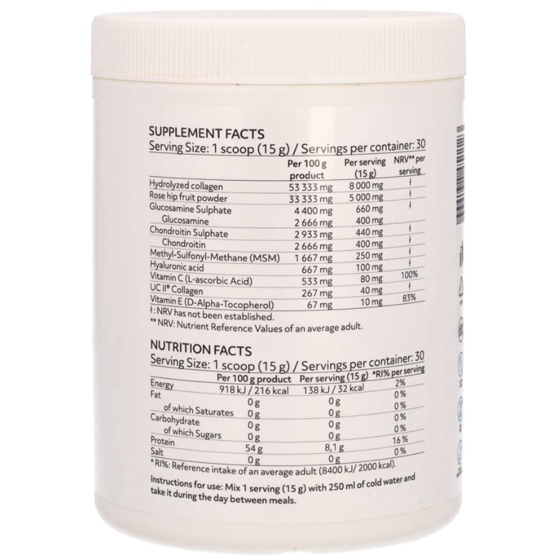 eticheta 1 produs RiseUp Pure cu colagen hidrolizat pentru articulatii, ingrediente per cupa de 15 grame si per 100 grame, mod de administrare zilnica