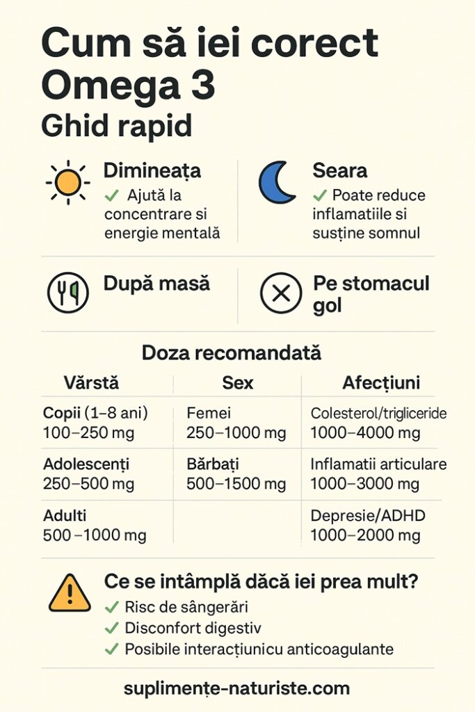 infografic explicativ cum sa iei omega 3 dimineata sau seara si in ce doza